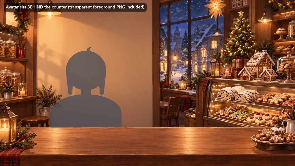 【動く配信背景・4K対応】クリスマスのパン屋さんカウンター|前景透過つき