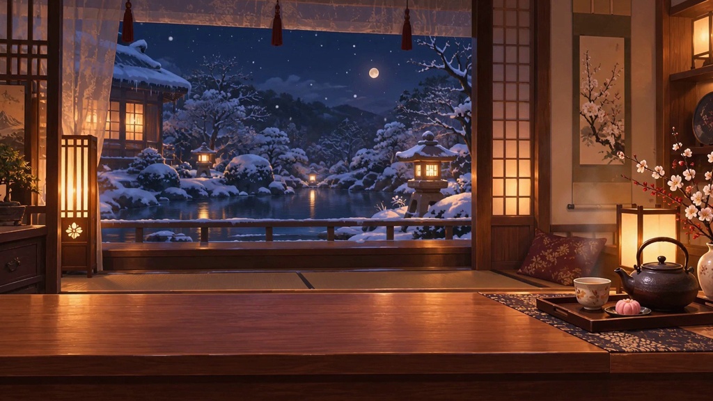 【動く配信背景・4K対応】雪見の温泉旅館の窓辺|前景透過つき