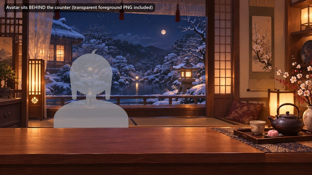 【動く配信背景・4K対応】雪見の温泉旅館の窓辺|前景透過つき