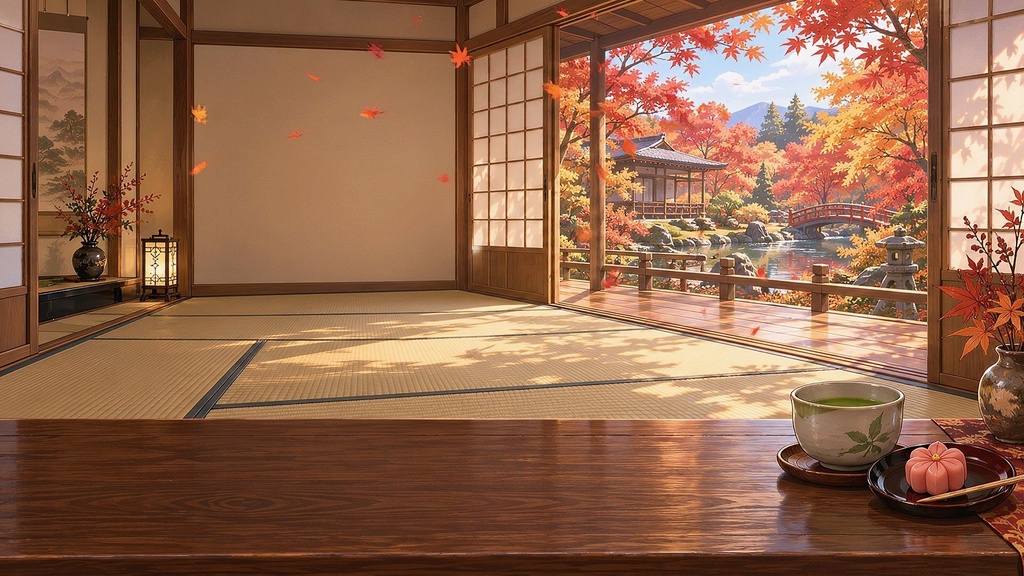 【動く配信背景・4K対応】紅葉の和室(昼)|前景透過つき