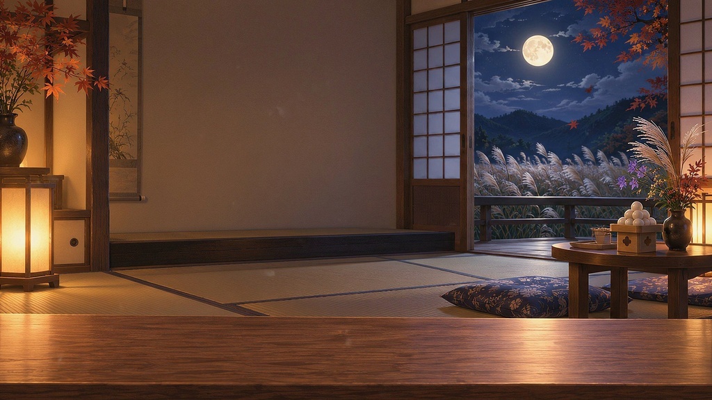 【動く配信背景・4K対応】十三夜と薄の和室|前景透過つき