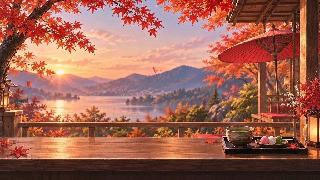 【動く配信背景・4K対応】紅葉の茶屋|前景透過つき