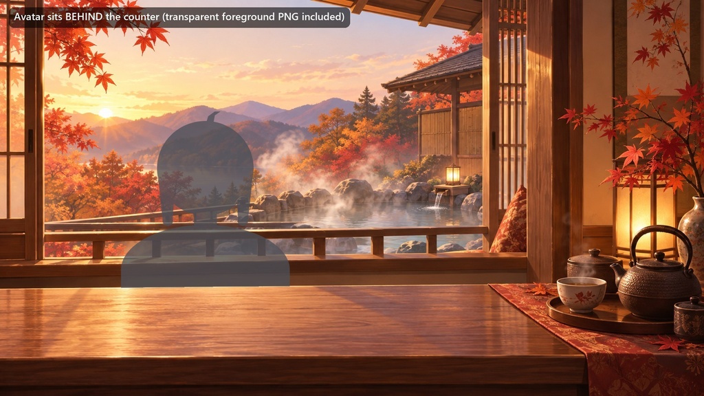 【動く配信背景・4K対応】紅葉の露天風呂が見える窓辺|前景透過つき