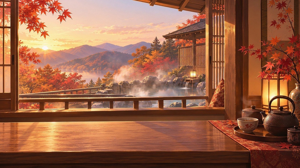 【動く配信背景・4K対応】紅葉の露天風呂が見える窓辺|前景透過つき