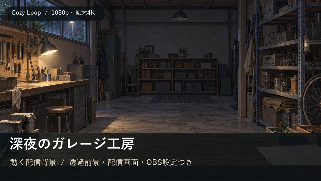 【動く配信背景・拡大4K】深夜のガレージ工房｜透過前景・配信画面・OBS設定