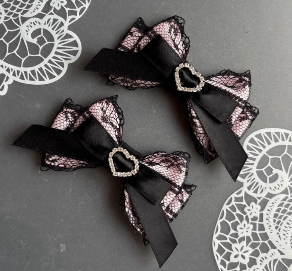 ハート♡ダブルレースリボン 黒ピンク ヘアクリップ 量産型 地雷 ゴスロリ