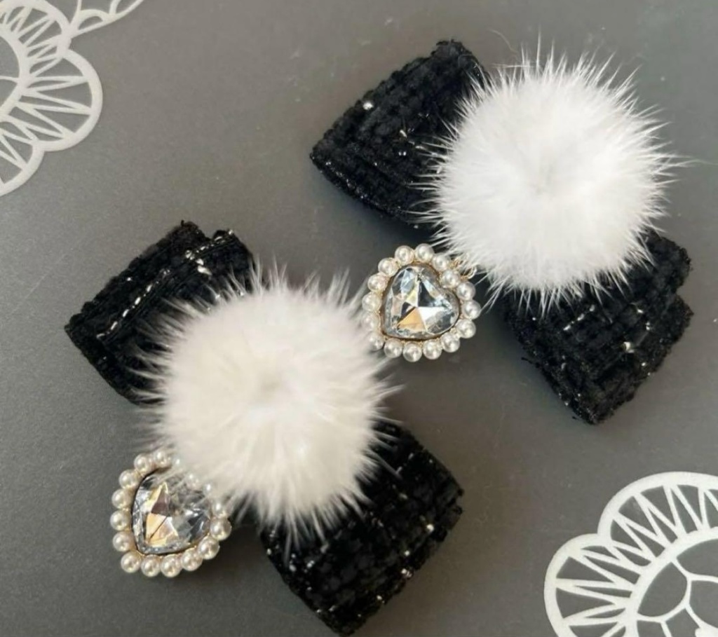 ファー♡ハートツイードミニリボン 黒 ヘアクリップ 量産型 地雷 ゴスロリ