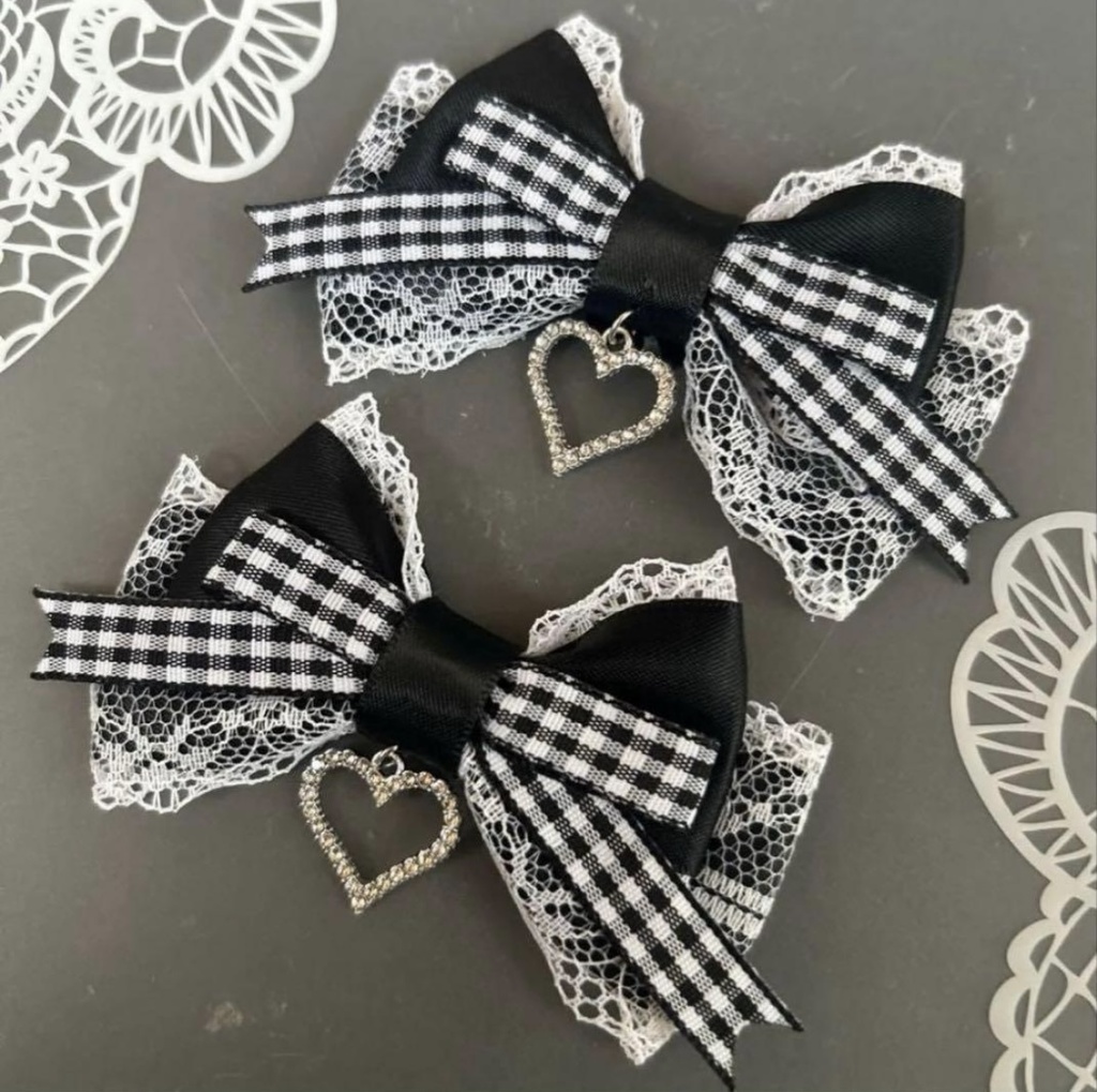 ハート♡ギンガムリボン❶ 黒 ヘアクリップ 量産型 地雷 ゴスロリ 天使界隈