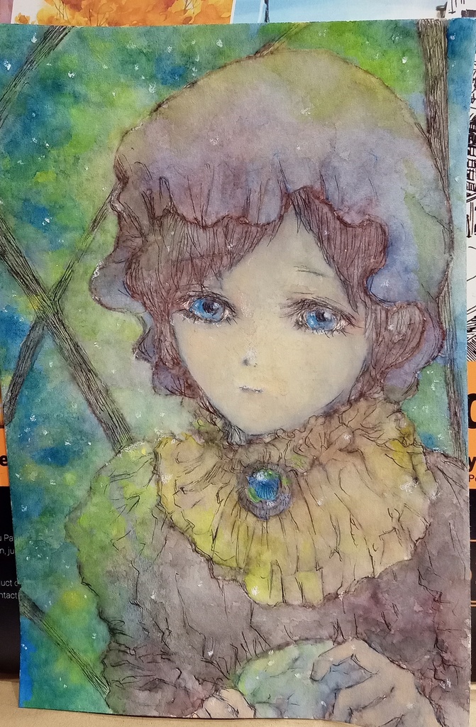 手描きイラスト(ハガキ) 夜空の彼方へいったあなたへ