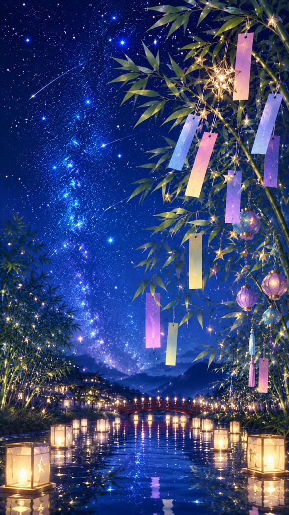 ðã7æããªãŒçŽ æã倩ã®å·ãšçåã®å¹»æ³å€ç©ºïœå£çŽïŒçžŠåèæ¯ïŒææçããïŒ
