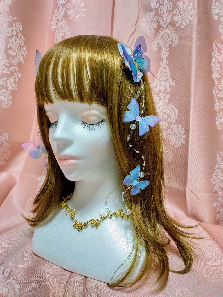 紫陽花と幻想的蝶のブルーヘアクリップ2点セット