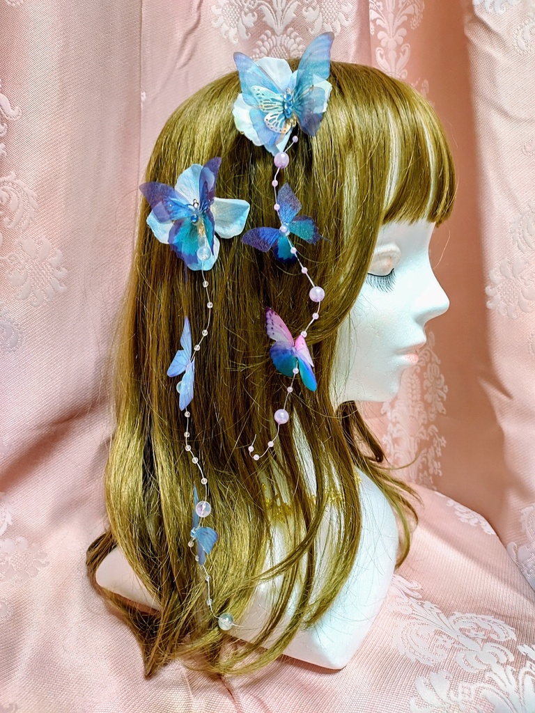 紫陽花と幻想的蝶のブルーヘアクリップ2点セット