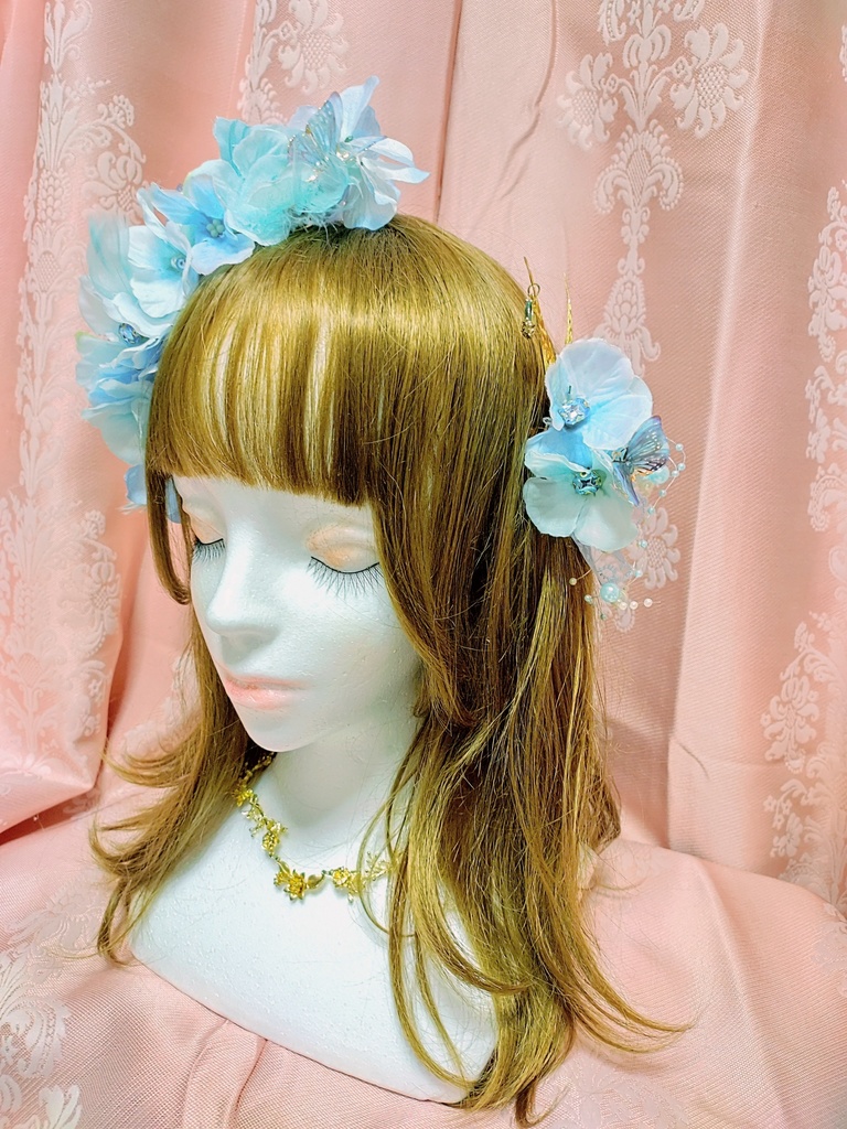 淡い水色の紫陽花姫ヘッドドレス&妖精の髪飾りの2点セット