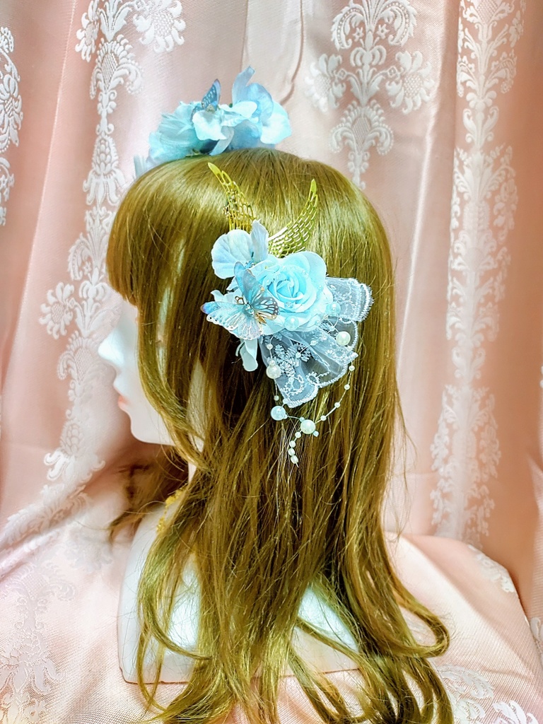 淡い水色の紫陽花姫ヘッドドレス&妖精の髪飾りの2点セット