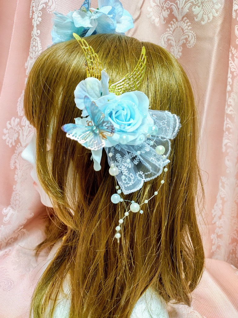 淡い水色の紫陽花姫ヘッドドレス&妖精の髪飾りの2点セット