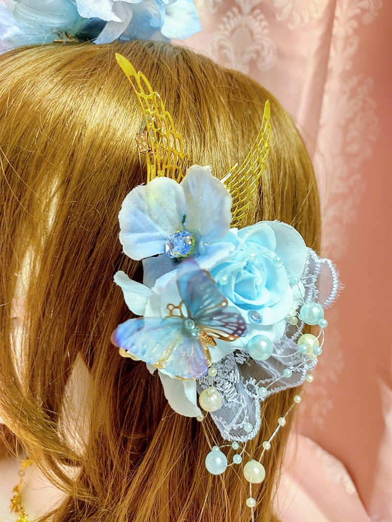 淡い水色の紫陽花姫ヘッドドレス&妖精の髪飾りの2点セット