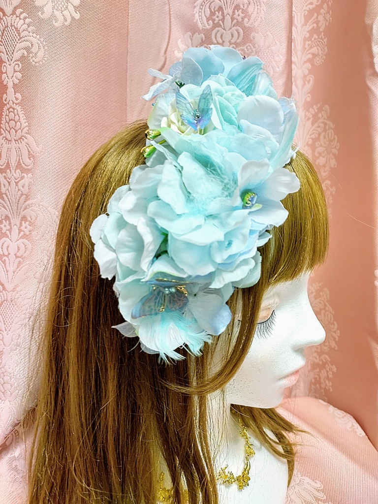 淡い水色の紫陽花姫ヘッドドレス&妖精の髪飾りの2点セット