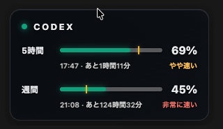 Claude/Codex 使用量メーター|AIの残り使用量をデスクトップに常時表示