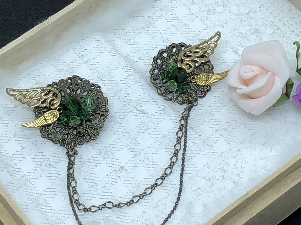 2連ブローチ 羽×緑