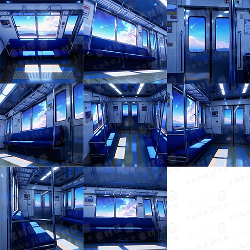 【漫画・配信・ゲーム素材向け】 電車車内(ファンタジー) 背景パック(10枚・4K・商用可)