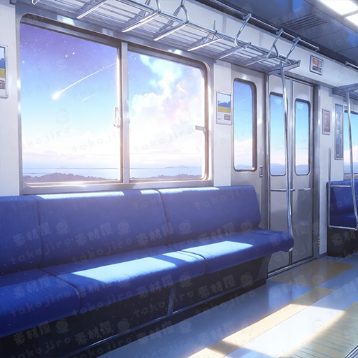 【漫画・配信・ゲーム素材向け】 電車車内(ファンタジー) パステル・ブルー背景パック（10枚・4K・商用可）