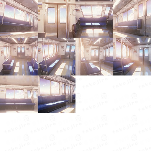 【漫画・配信・ゲーム素材向け】 【夕方差分】電車車内(ファンタジー) パステル・オレンジ背景パック(10枚・4K・商用可)