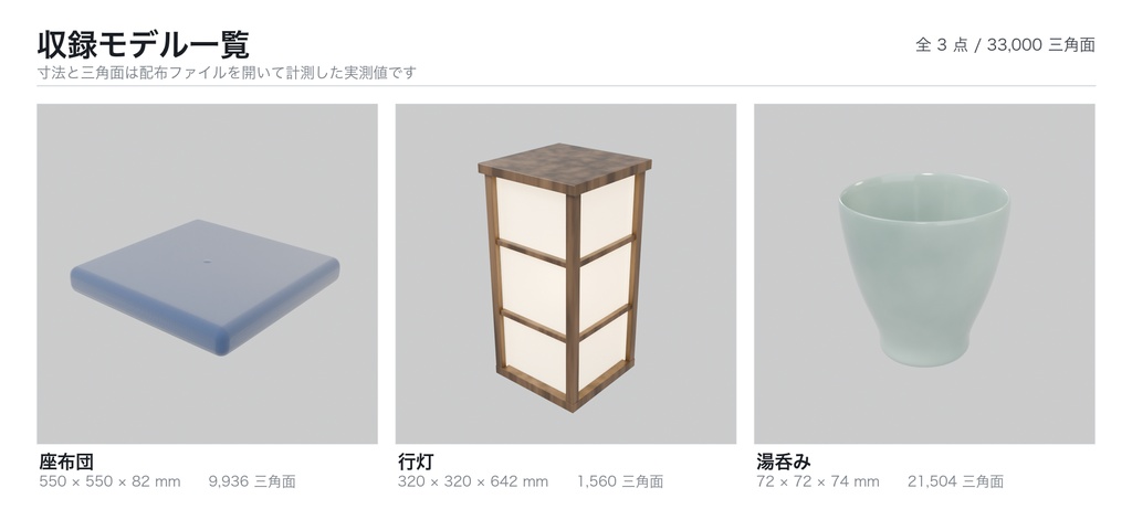 和風小物 3Dモデルセット|座布団・行灯・湯呑み(Blender / FBX / glTF)
