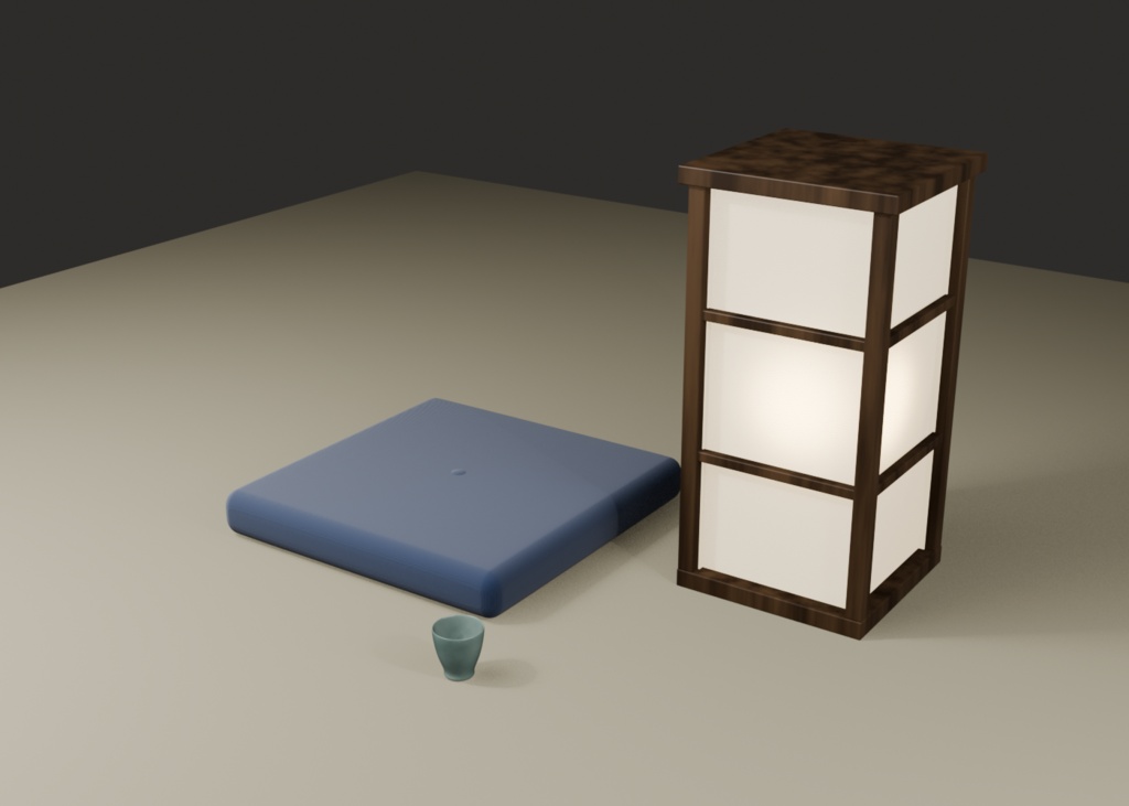 和風小物 3Dモデルセット｜座布団・行灯・湯呑み（Blender / FBX / glTF）