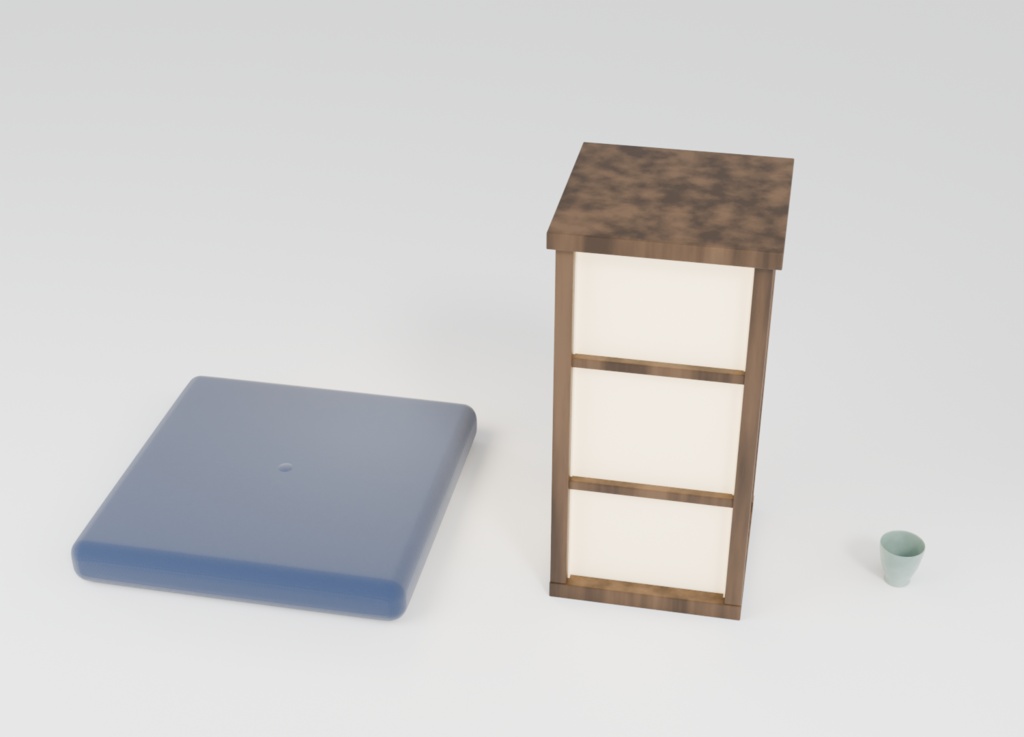 和風小物 3Dモデルセット|座布団・行灯・湯呑み(Blender / FBX / glTF)