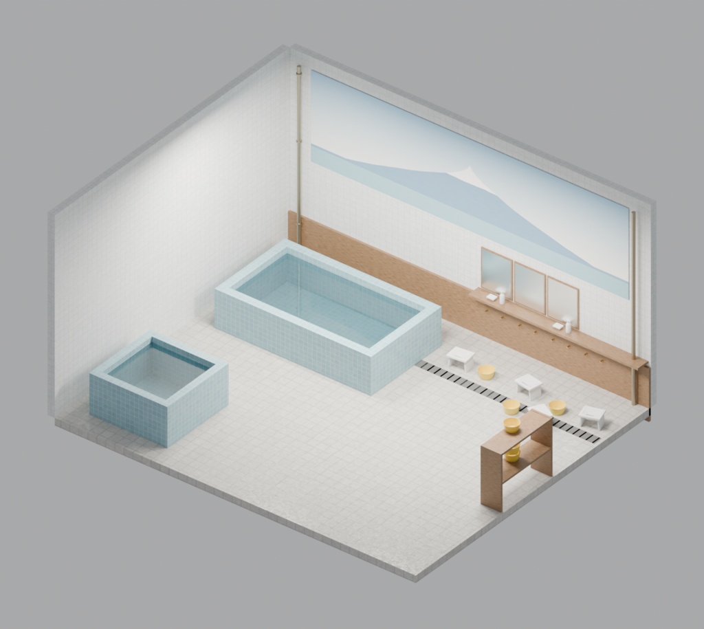 銭湯 洗い場 3Dシーン|タイル・湯船・カラン・富士山(Blender / FBX / glTF)
