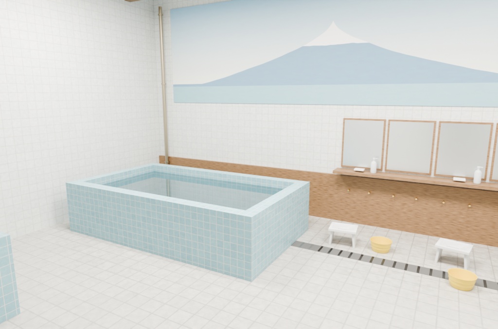 銭湯 洗い場 3Dシーン|タイル・湯船・カラン・富士山(Blender / FBX / glTF)