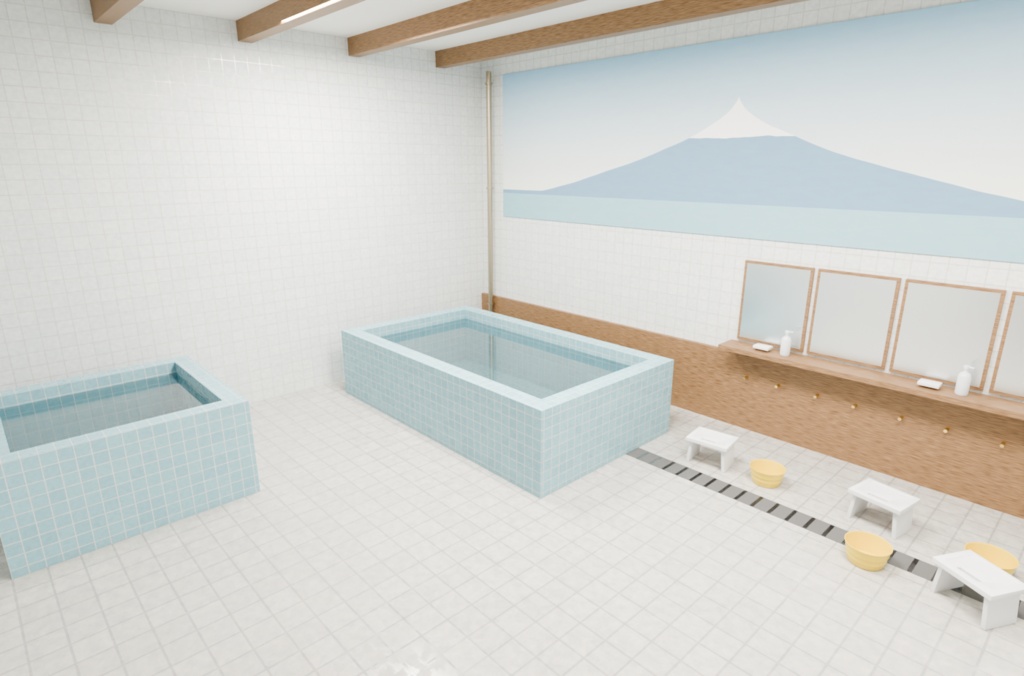 銭湯 洗い場 3Dシーン|タイル・湯船・カラン・富士山(Blender / FBX / glTF)