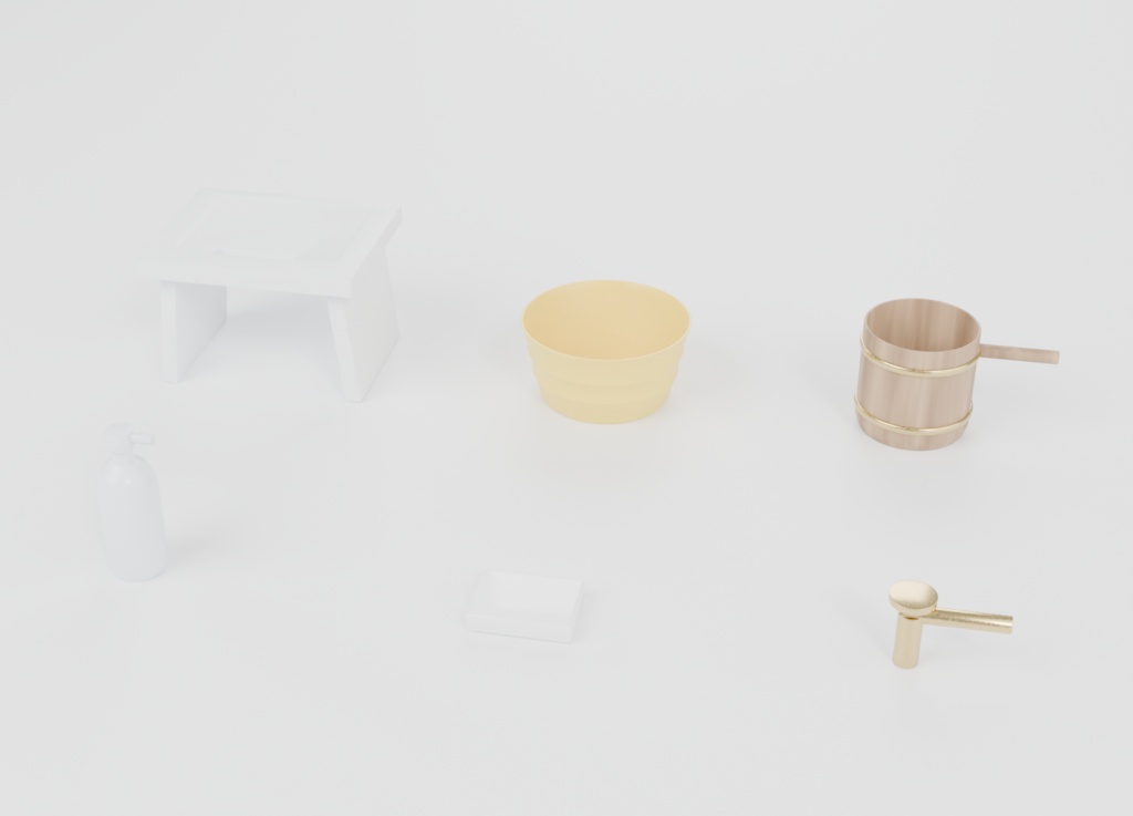 銭湯の小物 3Dモデル6点セット|湯桶・風呂椅子・手桶・カラン(Blender / FBX / glTF)