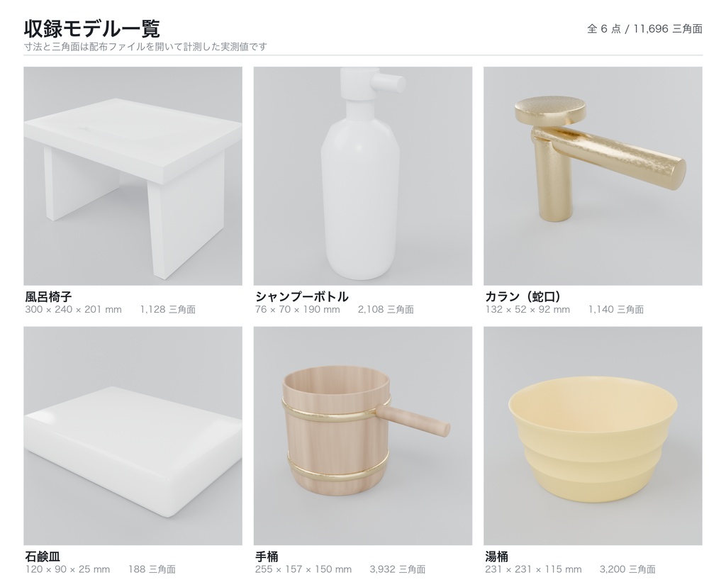 銭湯の小物 3Dモデル6点セット|湯桶・風呂椅子・手桶・カラン(Blender / FBX / glTF)