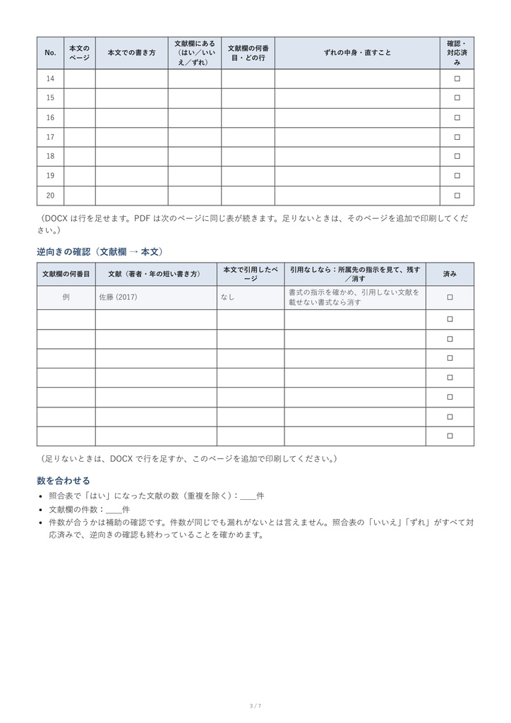 卒論提出前セット|引用と文献欄の照合表・図表出典の記録表・工程表(PDF+Word)