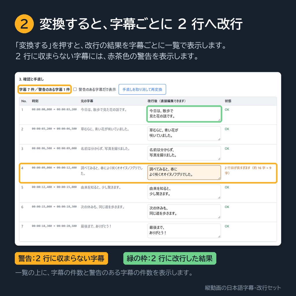 縦動画の日本語字幕・改行セット【無料版:先頭 10 件の字幕まで】