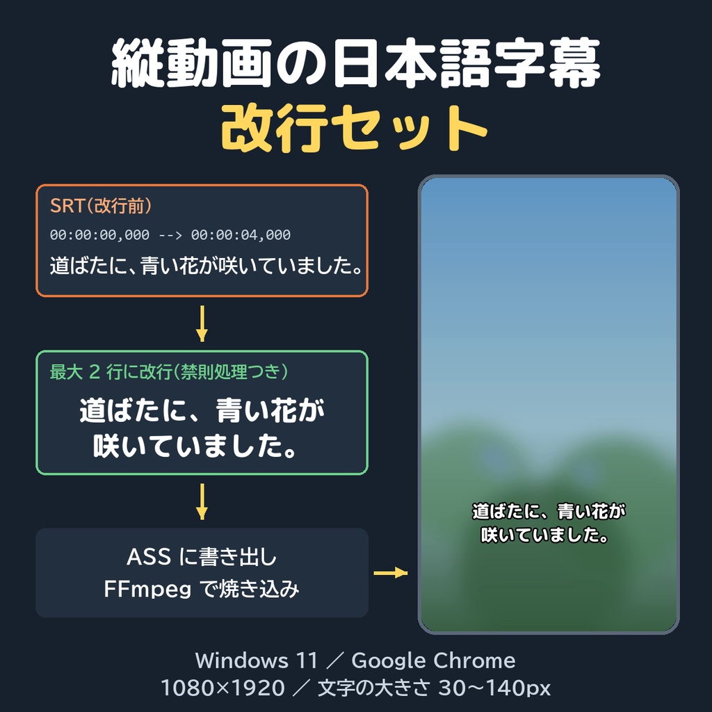 縦動画の日本語字幕・改行セット【無料版：先頭 10 件の字幕まで】