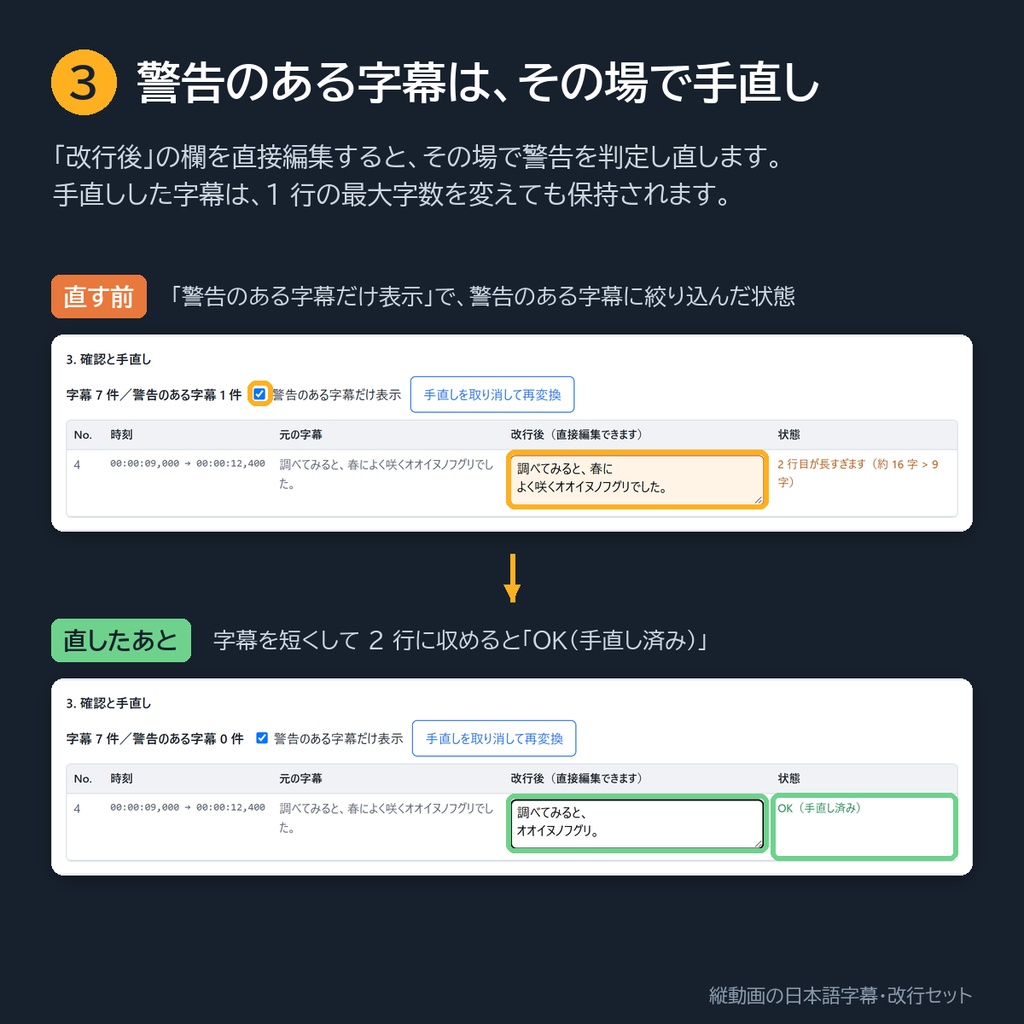 縦動画の日本語字幕・改行セット【無料版:先頭 10 件の字幕まで】
