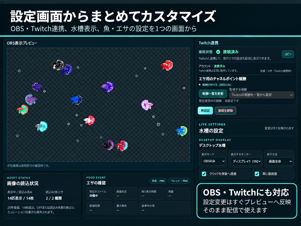 【Twitch・OBS対応】Betta Aquarium Overlay|チャネポでエサをあげられる透過水槽