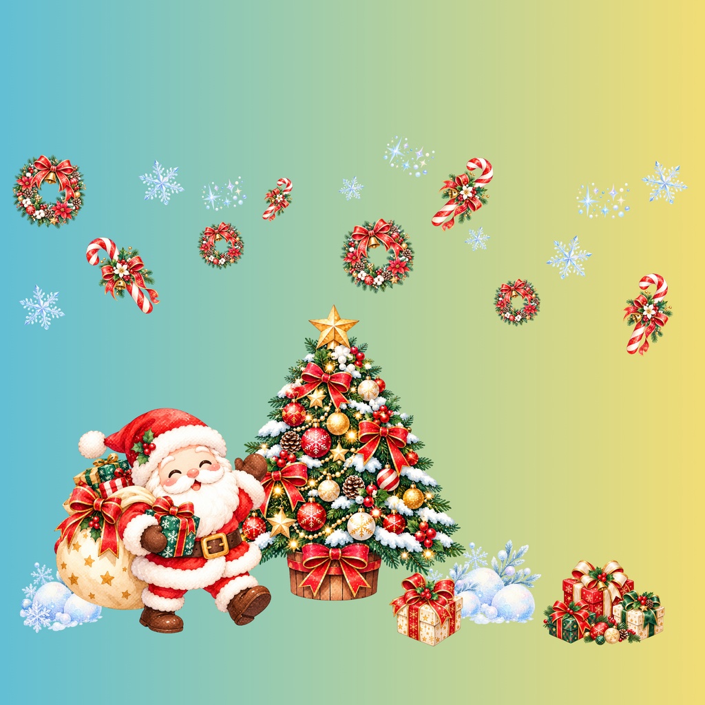 きらめくクリスマス🎄|サンタ&ツリーの水彩風デジタルペーパー