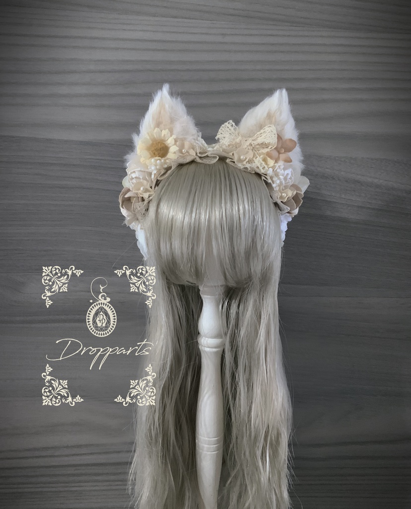 【ドールサイズ】花と猫耳のカチューシャ《ミルクティ》