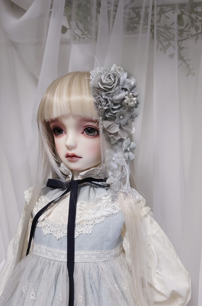 【ドールサイズ】灰色の猫耳カチューシャとロングヘッドドレスのセット