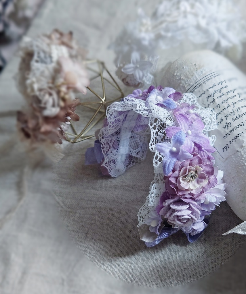 【ドールサイズ】すみれ色のカチューシャとレモン色のロングヘッドドレスのセット