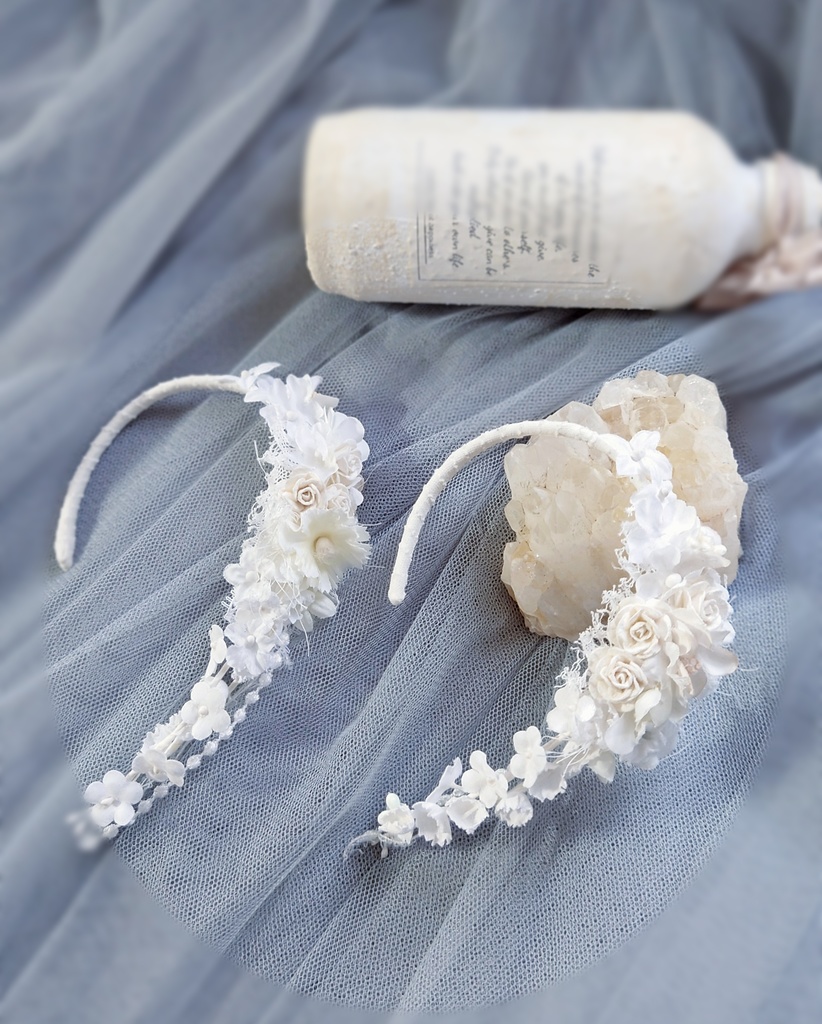 【ドールサイズ】白のこぼれ花カチューシャと水色の腰飾りのセット