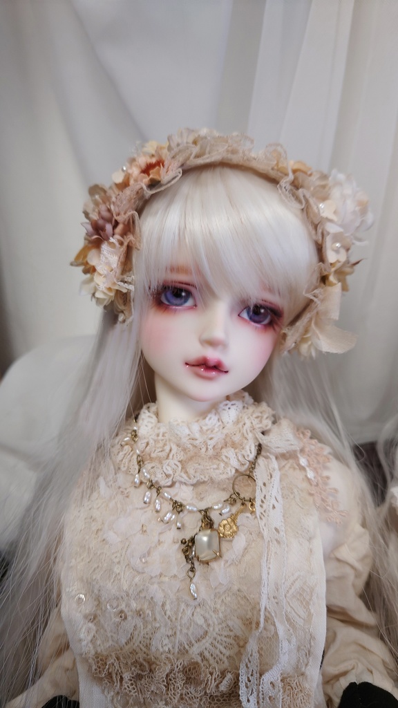 【ドールサイズ】紅茶色のレースカチューシャとチェーンの腰飾りのセット