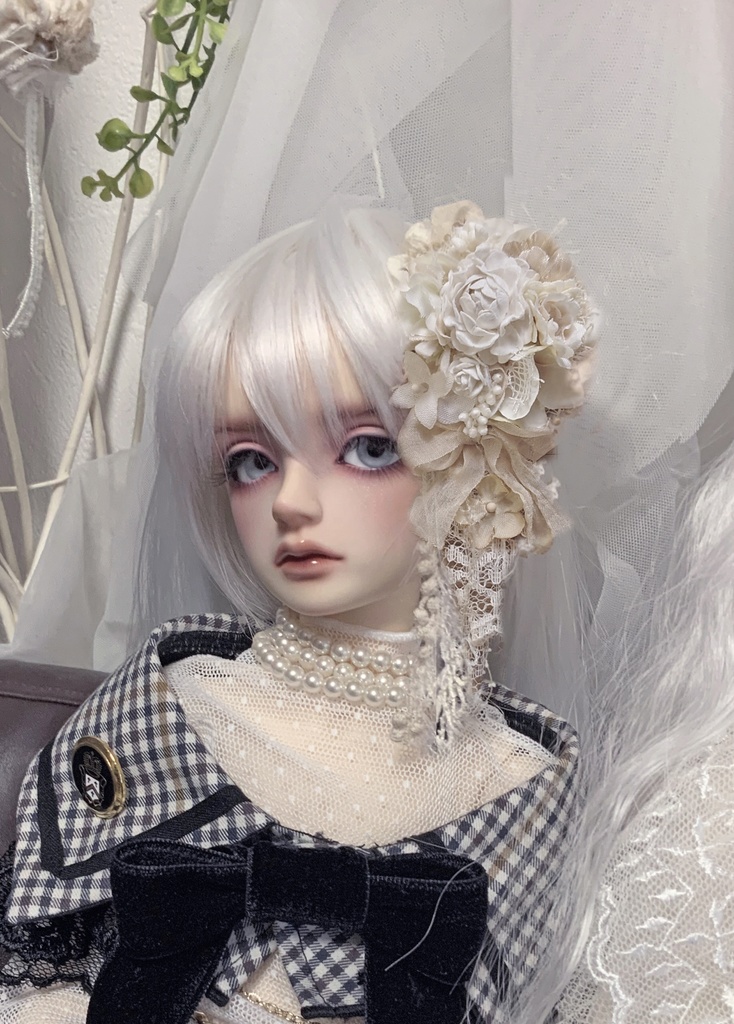 【ドールサイズ】紅茶染めロングヘッドドレスとチェーンの腰飾りのセット