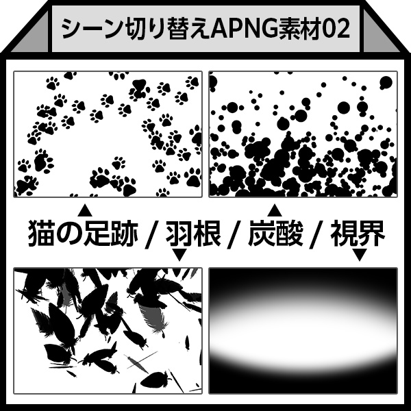 【APNG】シーン切り替え素材02(猫の足跡/羽根/炭酸/視界)