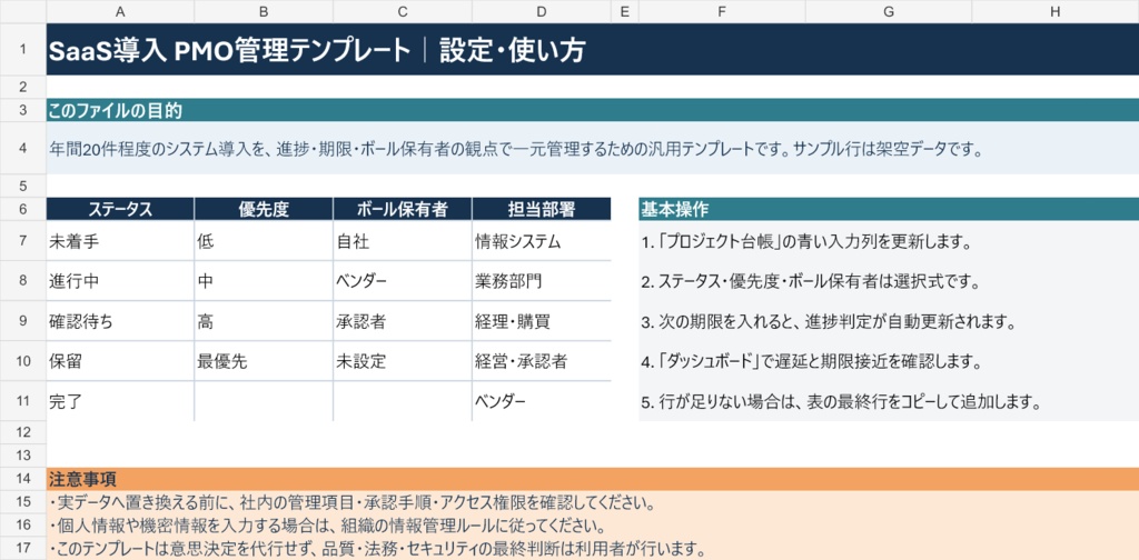 SaaS導入・PMO管理Excel|進捗・期限・ボール保有者を見える化