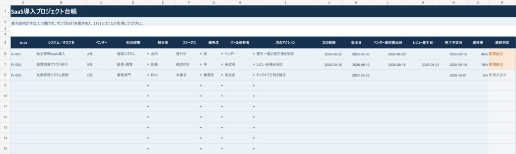 SaaS導入・PMO管理Excel|進捗・期限・ボール保有者を見える化