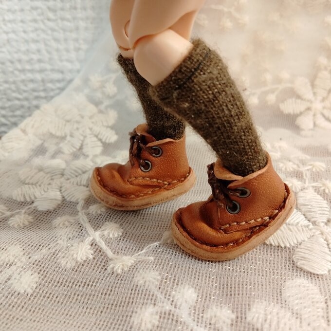 ミディブライス/オビツ11サイズ 本革編み上げショートブーツ/キャメル&白ベージュ